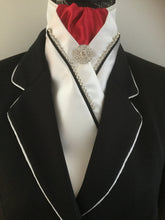 The HHD White or Ivory Satin Custom Dressage Stock Tie Rhinestones in Red & Black