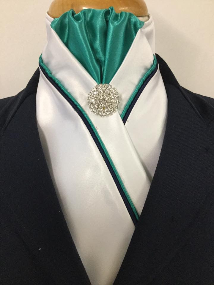 HHD White Satin Custom Pretied Stock Tie Jade Green and Navy Blue