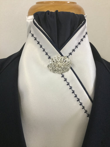 HHD White Satin Pretied  Stock Tie Embroidered Cadbury Purple