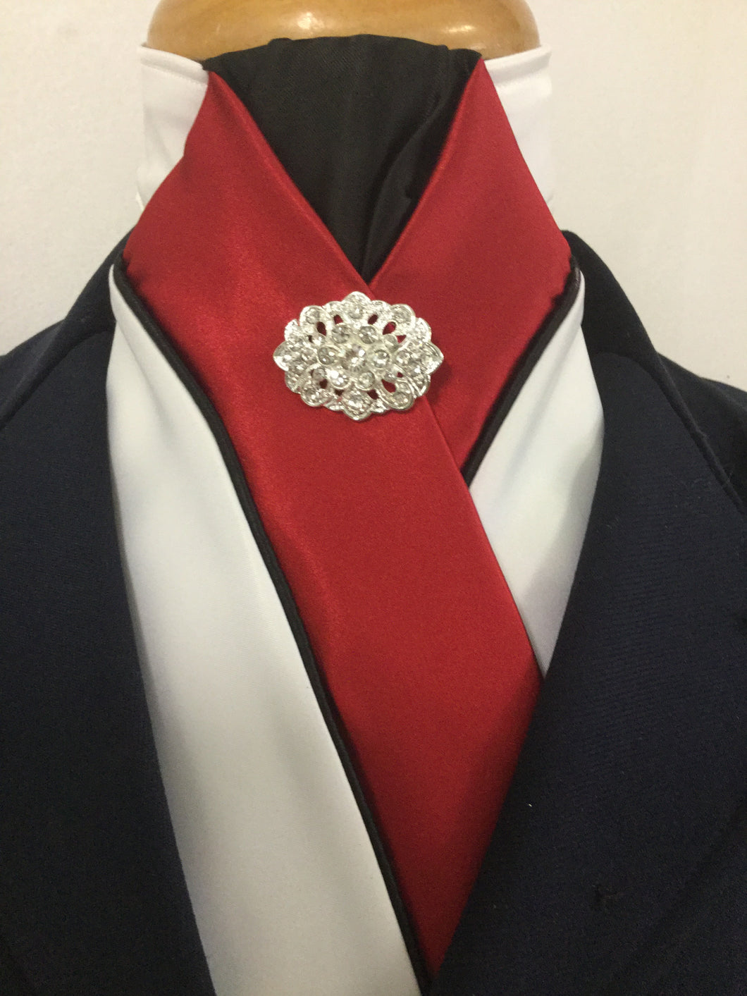 HHD 'The Royal' White Satin Pretied Dressage Stock Tie in Red & Black