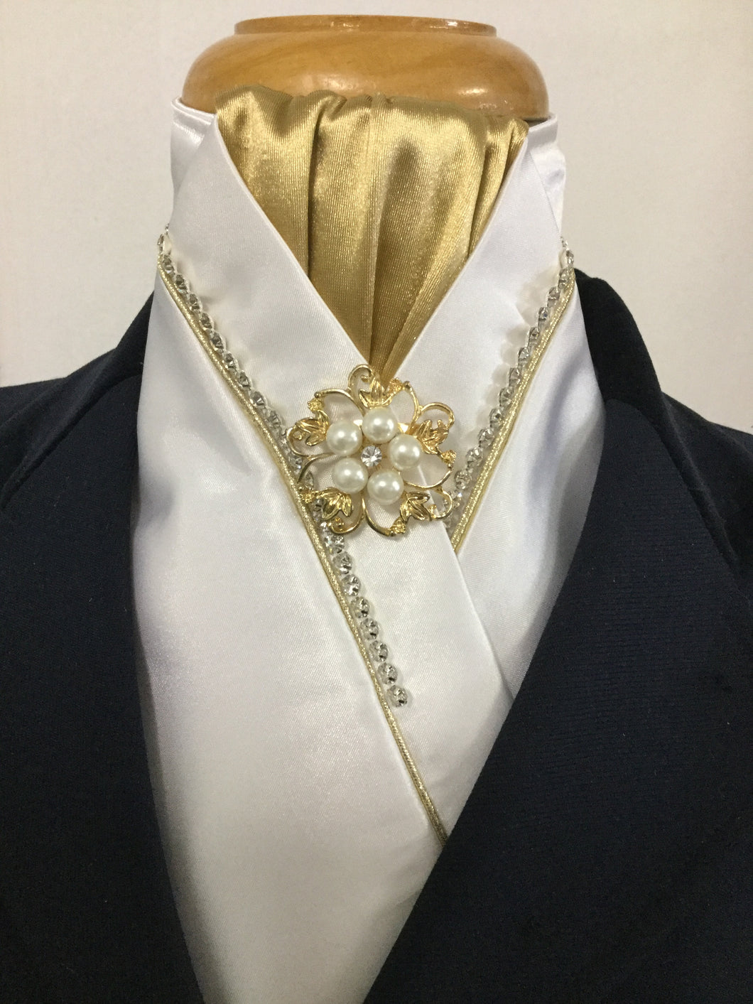 HHD Dressage Stock Tie White with Gold Crystals