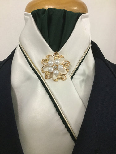 HHD Cream Or White  Satin Pretied Stock Tie Bottle Green & Gold