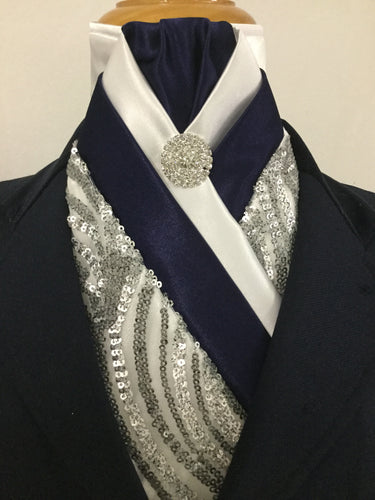 HHD 'BELLA' White & Navy Satin Dressage  Stock Tie with Metalic Sequins