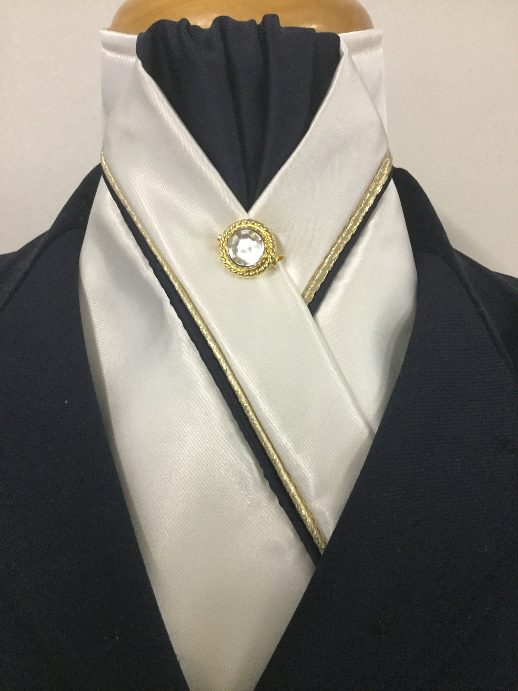 HHD Cream Satin Custom Pretied Stock Tie Navy Blue & Gold