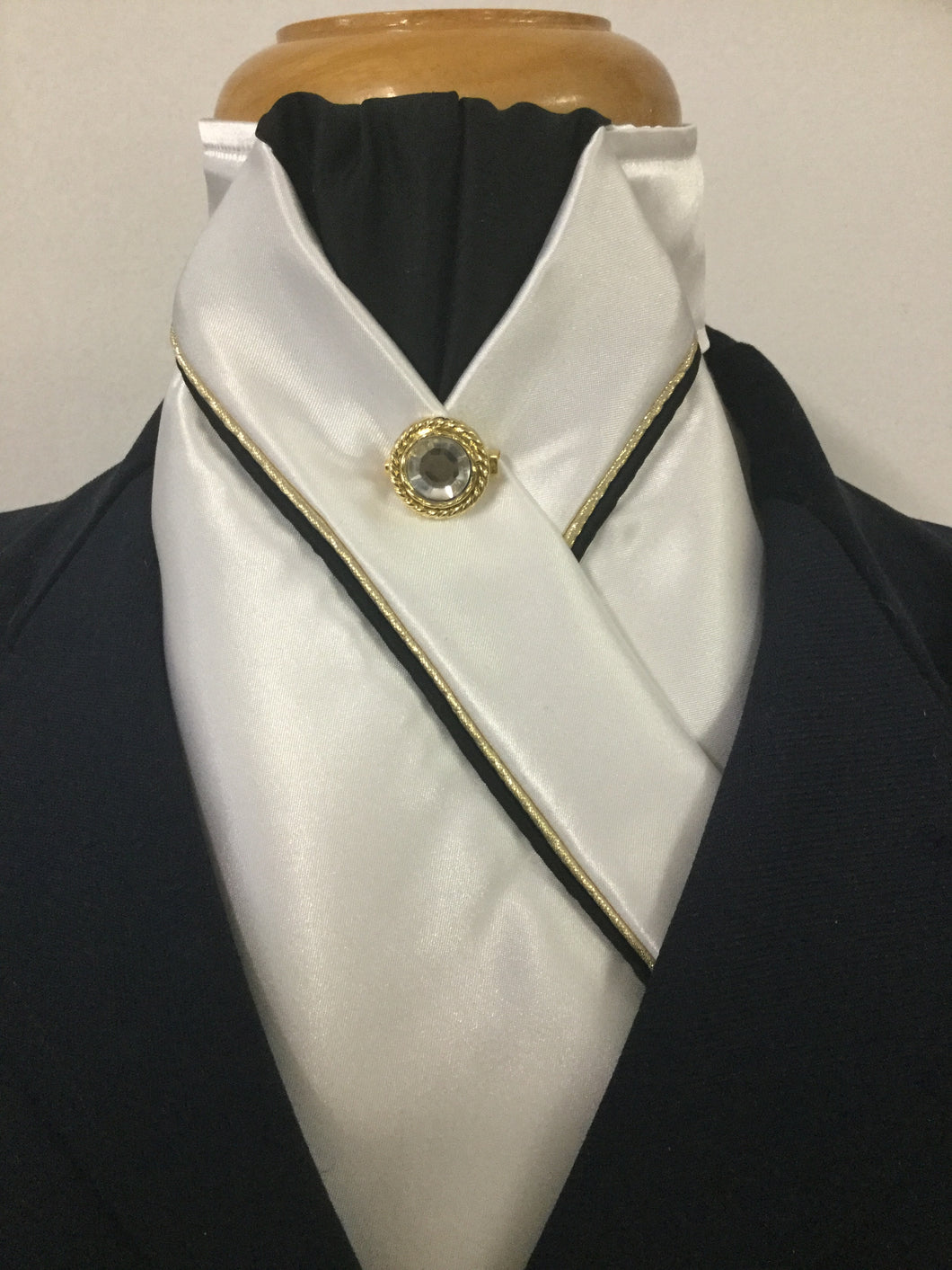 HHD Custom White Satin Pretied Stock Tie Black & Gold