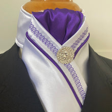 HHD White  Satin Pretied Stock Tie Purple Chain Embroidered