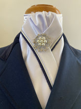 HHD Custom White Satin Pretied Dressage Stock Tie Silver & Navy Blue