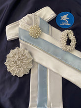 HHD ‘The Royal’ Dressage Stock Tie White Satin, Swarovski Elements,Light Blue & Silver with Pearls
