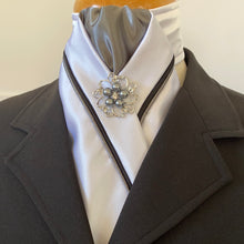 HHD White Dressage Stock Tie Black & Grey Piping Grey Pearl Rhinestone Pin