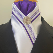 HHD White  Satin Pretied Stock Tie Purple Chain Embroidered