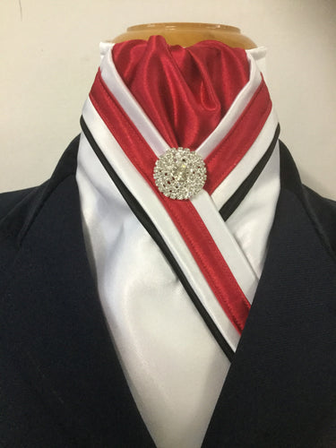 HHD White Custom Pre Tied Stock Tie Red & Black Rhinestone Pin