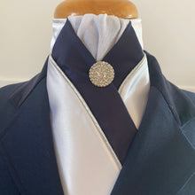 HHD ‘Grace’ White Custom Stock Tie in Navy Blue Silver Piping Rhinestone Pin