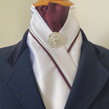HHD White or Cream Satin Dressage Stock Tie In Burgundy & Silver Rhinestone Pin