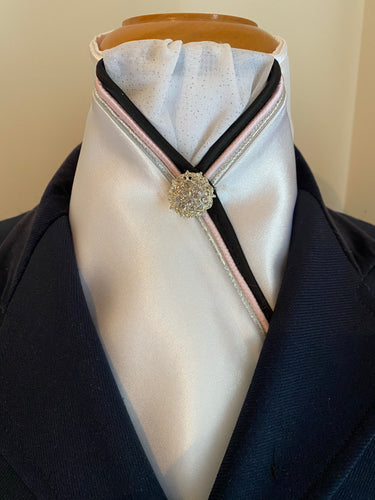 HHD White Custom Stock Tie ‘Dee’ in Pink Black and Silver Rhinestone Pin