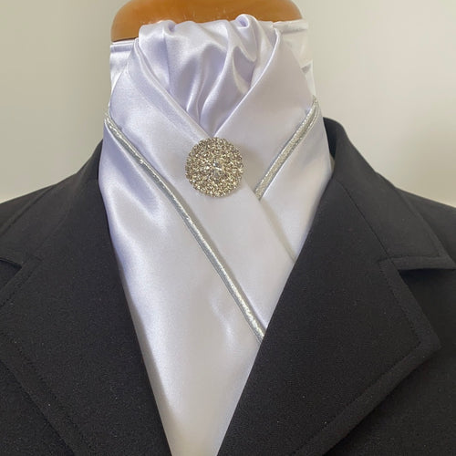 HHD White Dressage Pre-tied Stock Tie with Silver Piping