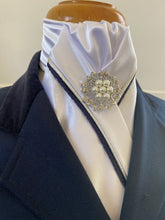 HHD Custom White Satin Pretied Dressage Stock Tie Silver & Navy Blue