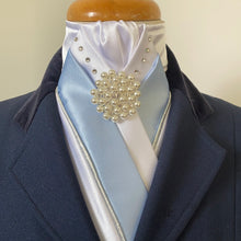 HHD ‘The Royal’ Dressage Stock Tie White Satin, Swarovski Elements,Light Blue & Silver with Pearls
