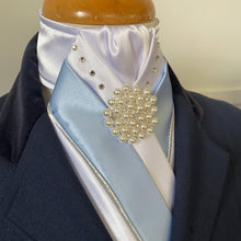 HHD ‘The Royal’ Dressage Stock Tie White Satin, Swarovski Elements,Light Blue & Silver with Pearls