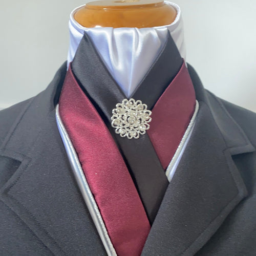 HHD The Royal White Satin Dressage Stock Tie in Burgundy & Black