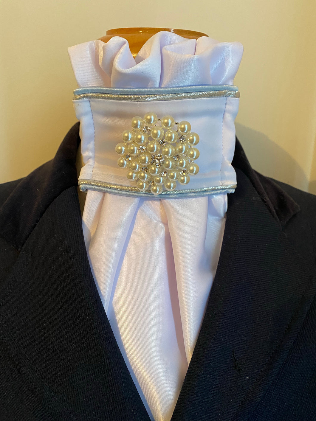 HHD White Satin Dressage Euro Stock Tie ‘Amy’ Light Blue & Silver With Pearls