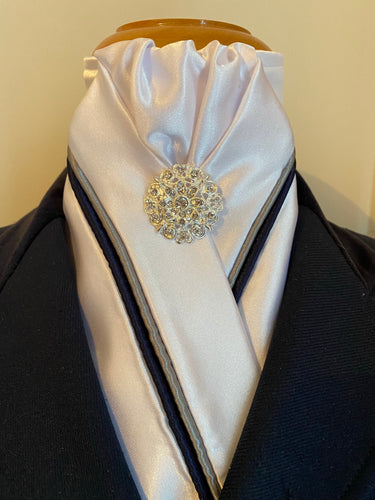 HHD White Custom Satin Stock Tie Navy & Grey Piping