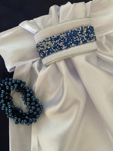 HHD White Satin Dressage Euro Stock ‘ Nancy’ in Silver with Blue Rhinestones