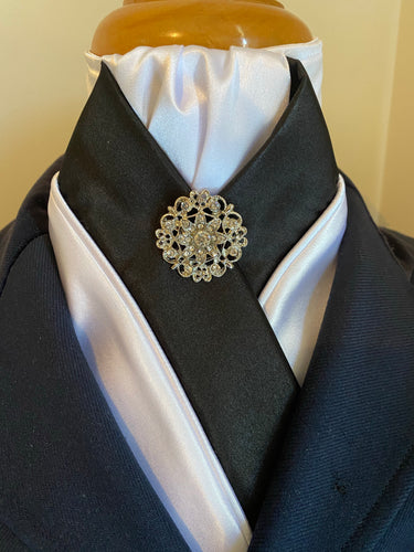 HHD Black & White Satin Equestrian Stock Tie Silver Rhinestone Pin