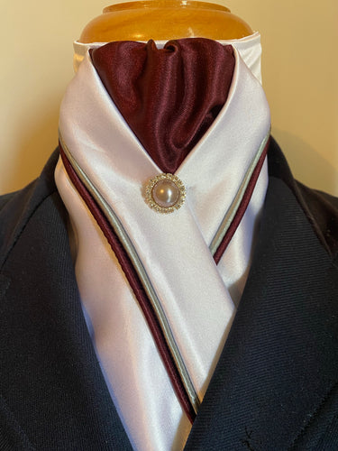 HHD White Satin Custom Pretied Stock Tie Burgundy & Grey