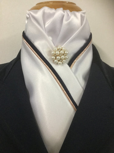 HHD  White or Cream Dressage Show Stock Tie, Rose Gold Navy Blue or Black Piping