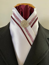 HHD White  Satin Pretied Stock Tie Burgundy Chain Embroidered