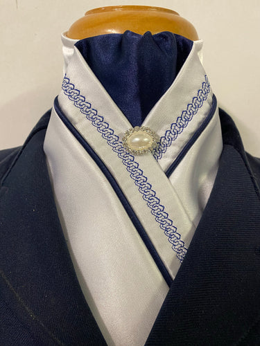 HHD White Satin Pretied Stock Tie Navy Blue Chain Embroidered
