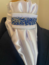 HHD White Satin Dressage Euro Stock ‘ Nancy’ in Silver with Blue Rhinestones