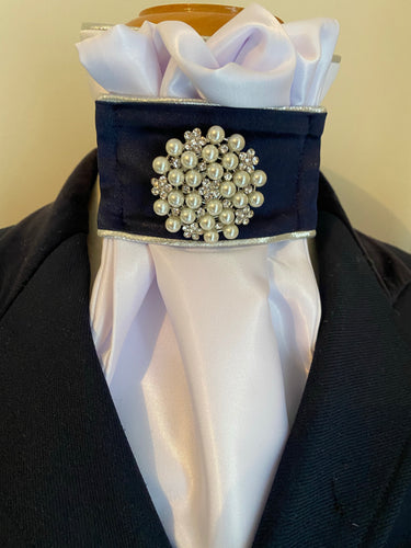HHD White Satin ’Dianna’ Pre Tied Dressage Euro Stock Tie in Navy Silver & Pearls