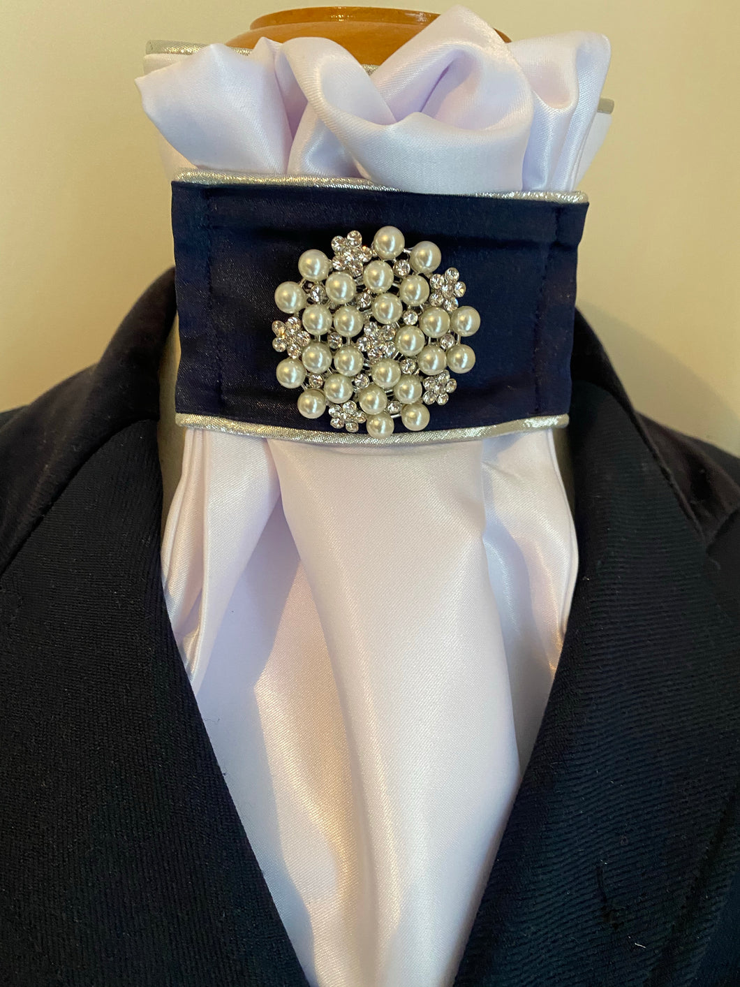 HHD White Satin ’Dianna’ Pre Tied Dressage Euro Stock Tie in Navy Silver & Pearls