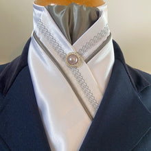 HHD White Satin Pretied Stock Tie Grey Chain Embroidered