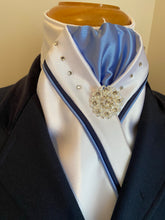 HHD Custom White Dressage Stock Tie in Cornflower Blue & Navy with Swarovski Elements