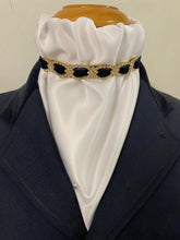 HHD White Satin Dressage Euro Stock Tie ‘ALICE’ Black or Navy with Gold Rhinestones
