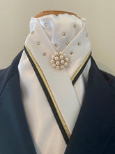 HHD Dressage White Stock Tie Gold, Navy Blue or Black Piping with Gold Shadow Swarovski Elements