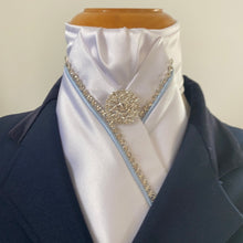 HHD Ivory or White Satin Pretied Satin Stock Tie Crystals  & Light Blue Piping