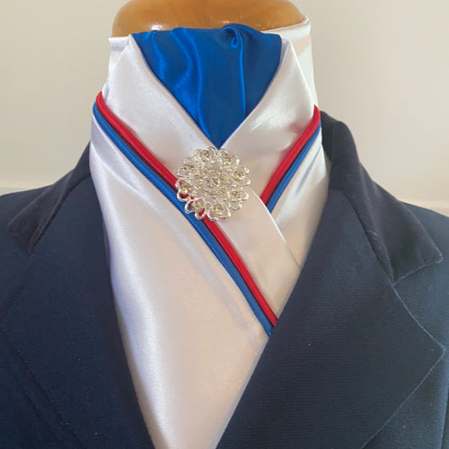 HHD White Custom Pretied Dressage Stock Tie Red and Royal Blue