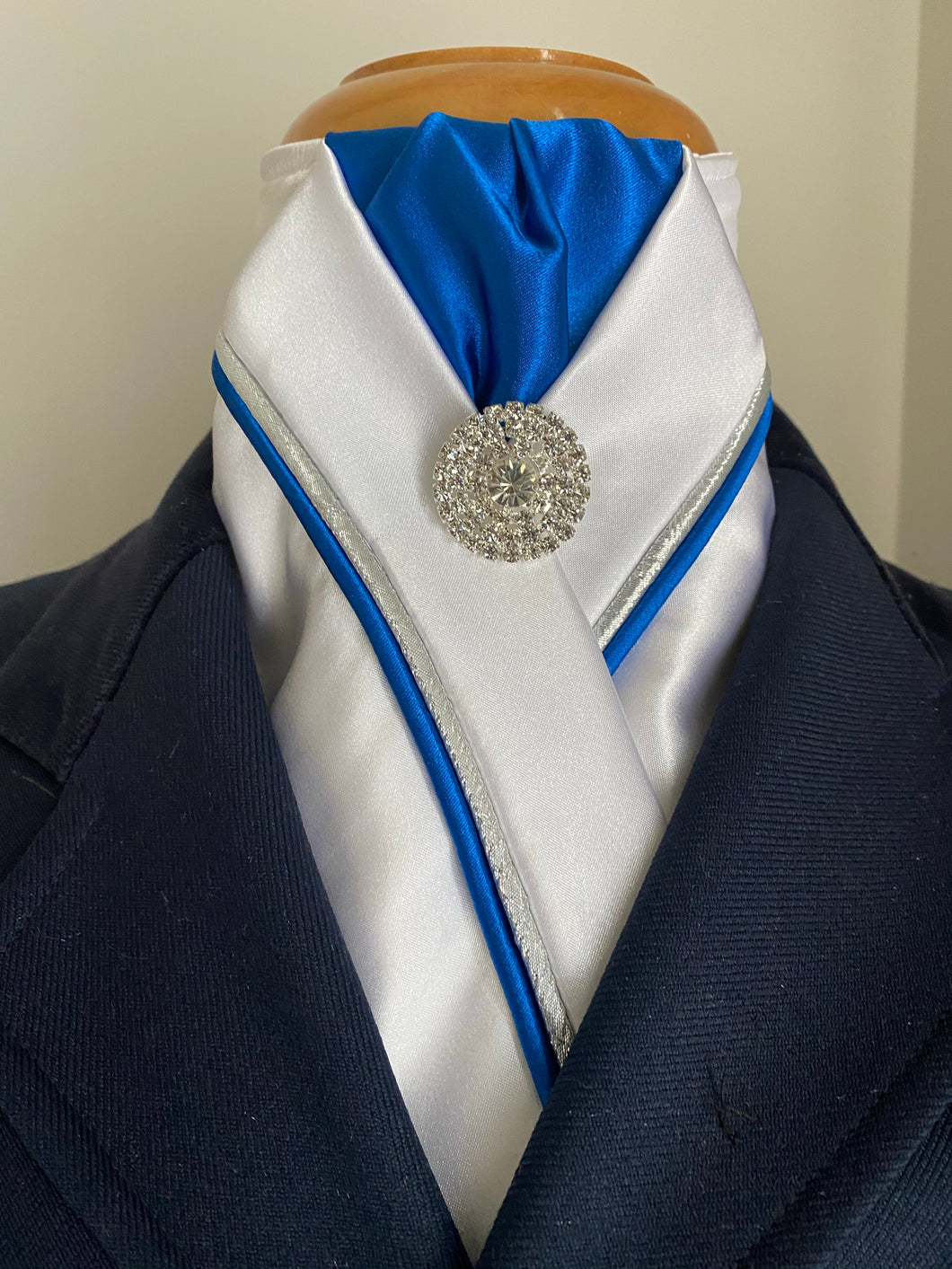 HHD Custom White Dressage Stock Tie Royal Blue and Silver