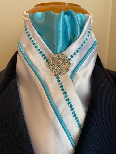 HHD White Satin Stock Tie Embroidered Aqua