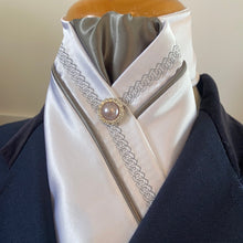 HHD White Satin Pretied Stock Tie Grey Chain Embroidered