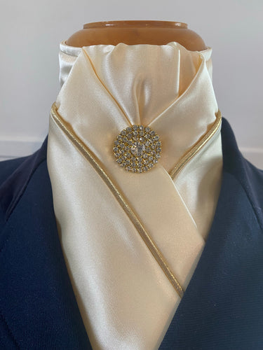 HHD Cream Satin Custom Pretied Stock Tie with Gold Piping