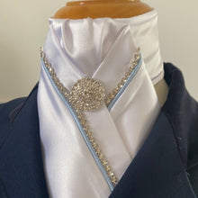 HHD Ivory or White Satin Pretied Satin Stock Tie Crystals  & Light Blue Piping