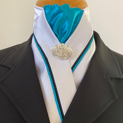 HHD White Satin Pretied Stock Tie Aqua and Black