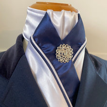 HHD ‘Grace’ Custom White & Navy Blue Dressage Stock Tie Rhinestone Pin