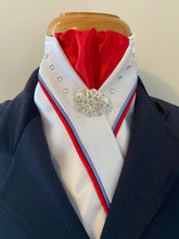 HHD White Satin Dressage Stock Tie Red & Cornflower Blue with Swarovski Elements