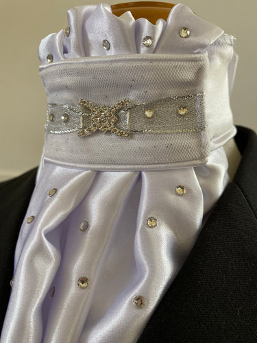 The HHD White Satin Dressage Euro Stock ‘Olivia’ in Silver with Swarovski Elements