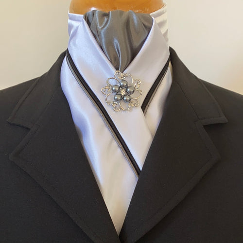 HHD White Dressage Stock Tie Black & Grey Piping Grey Pearl Rhinestone Pin